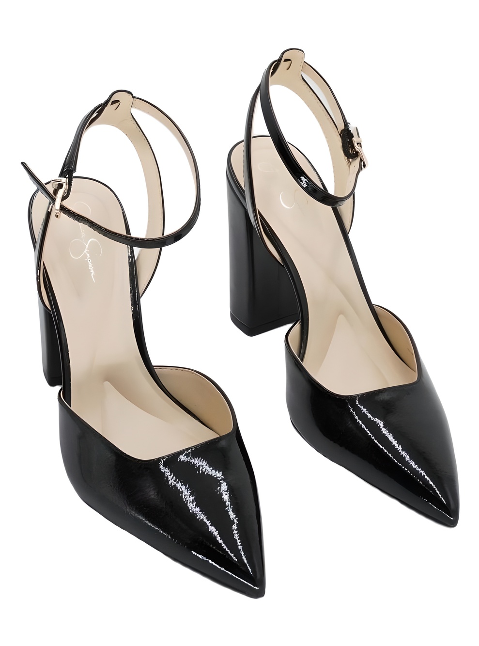 Jessica Simpson Nazela Ankle Strap Block Heel Pumps Black Patent Size 7.5M